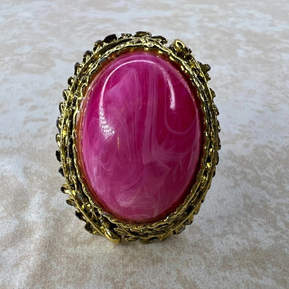 Vintage Magenta Cabochon Gold Tone Ring Adjustable  Retro Glam Size 8